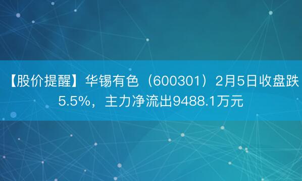 【股价提醒】华锡有色（600301）2月5日收盘跌5.5%，主力净流出9488.1万元