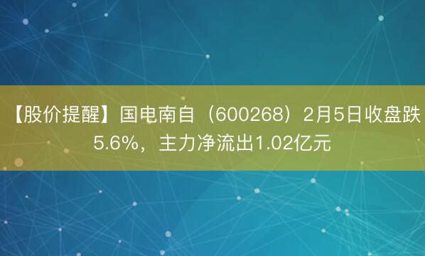 【股价提醒】国电南自（600268）2月5日收盘跌5.6%，主力净流出1.02亿元