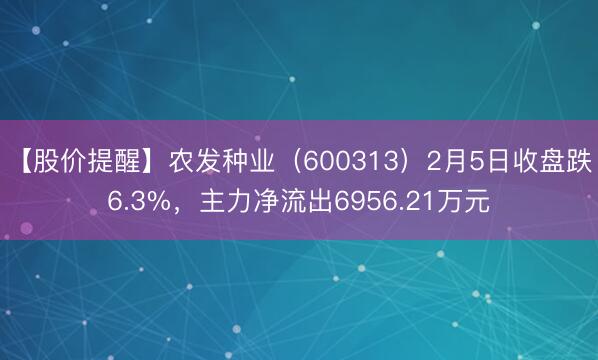 【股价提醒】农发种业（600313）2月5日收盘跌6.3%，主力净流出6956.21万元