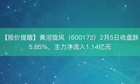 【股价提醒】黄河旋风（600172）2月5日收盘跌5.85%，主力净流入1.14亿元