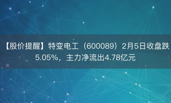 【股价提醒】特变电工（600089）2月5日收盘跌5.05%，主力净流出4.78亿元